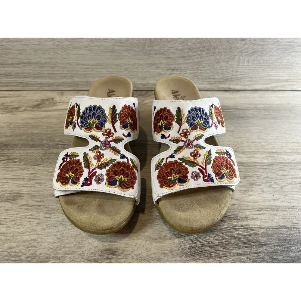 Alegria Womens Lin-600N Floral Embroidered Leather Sandals White Sz 38‎ Sz 8